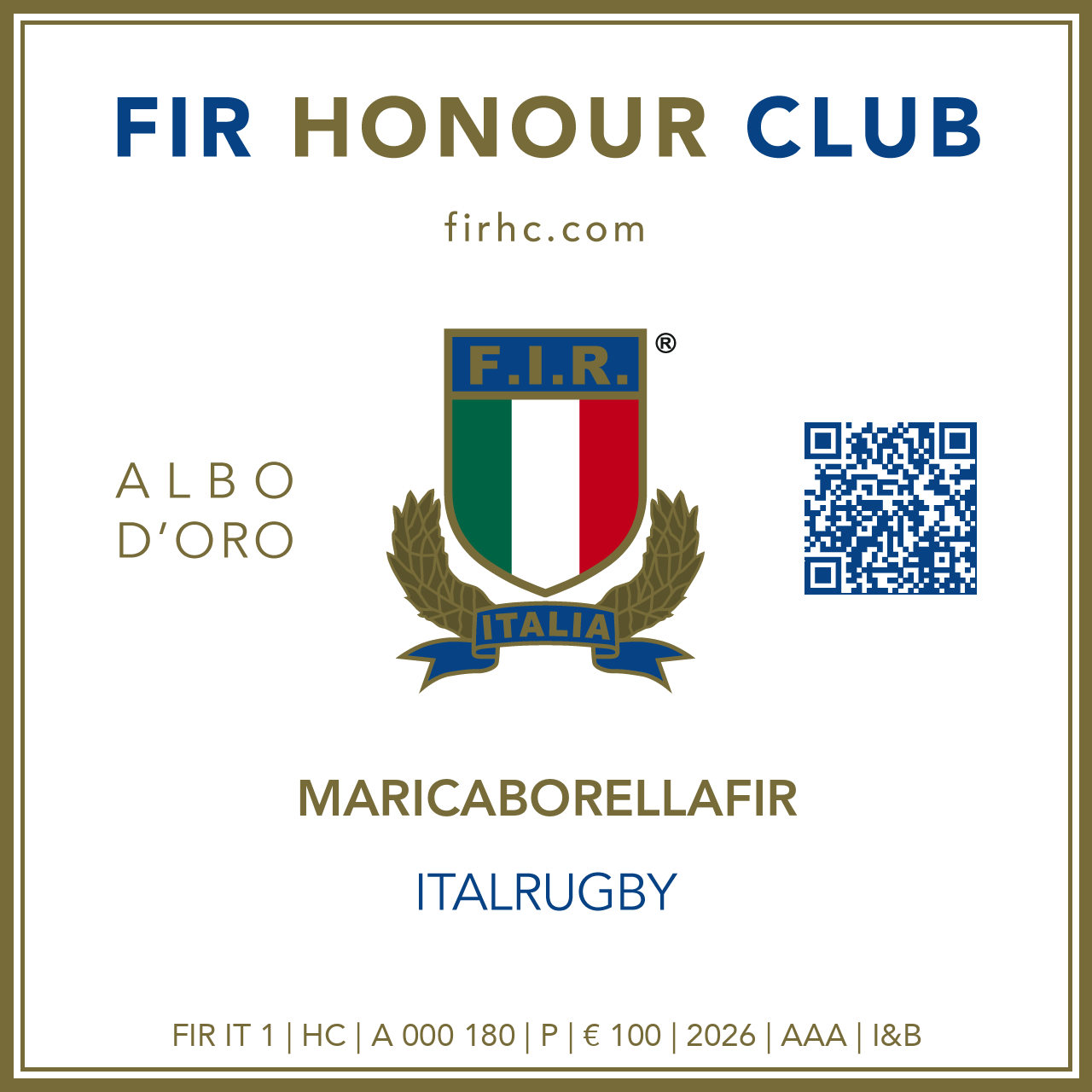 FIR Honour Club - Token Id: A 000 180 - MARICABORELLAFIR