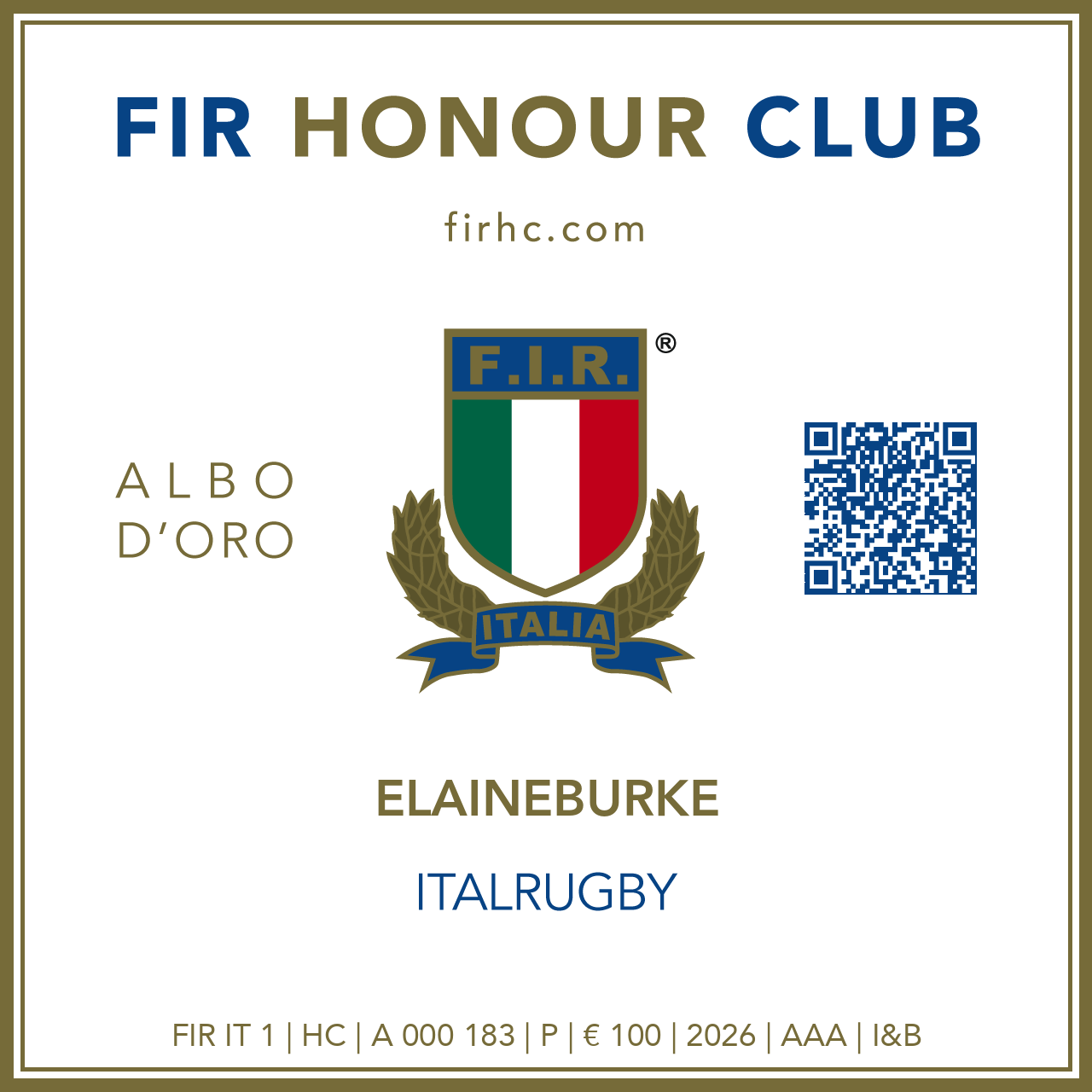 FIR Honour Club - Token Id: A 000 183 - ELAINEBURKE